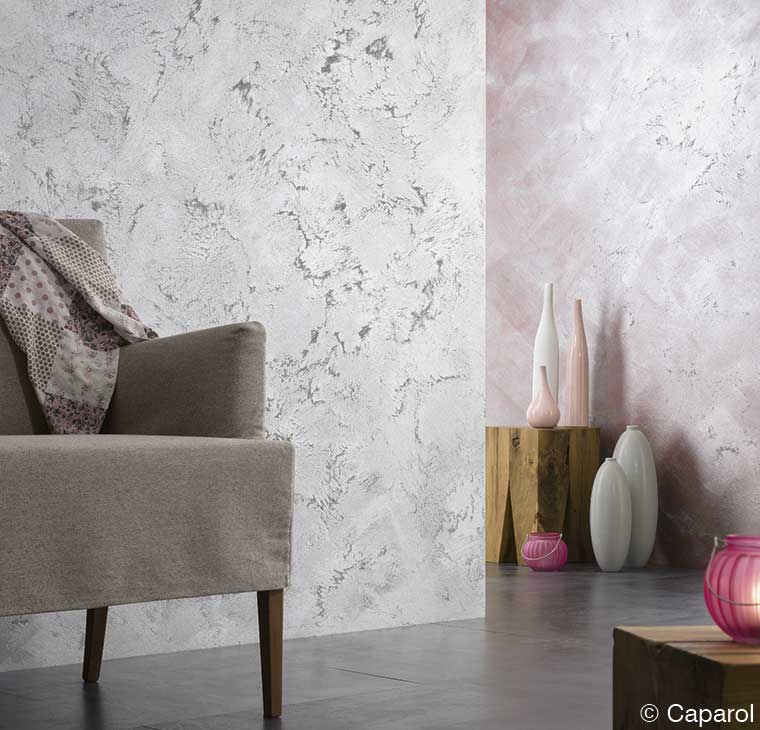 Wandgestaltung mit Effekttechnik in grau und rosa
