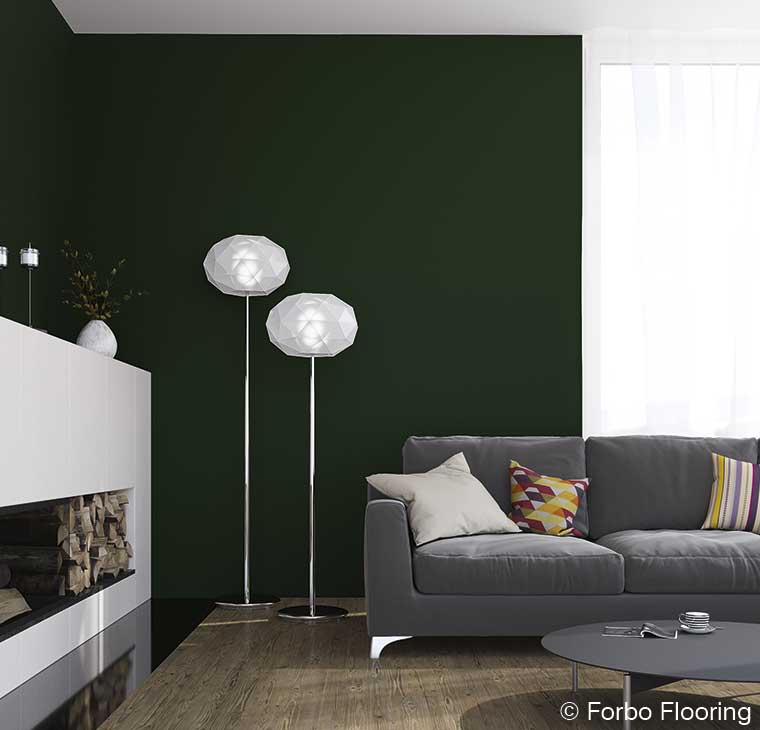 Moderne Wandgestaltung mit ruhigen Farben und
                            			natürlich anmutenden Designplanken in warmer Holzoptik